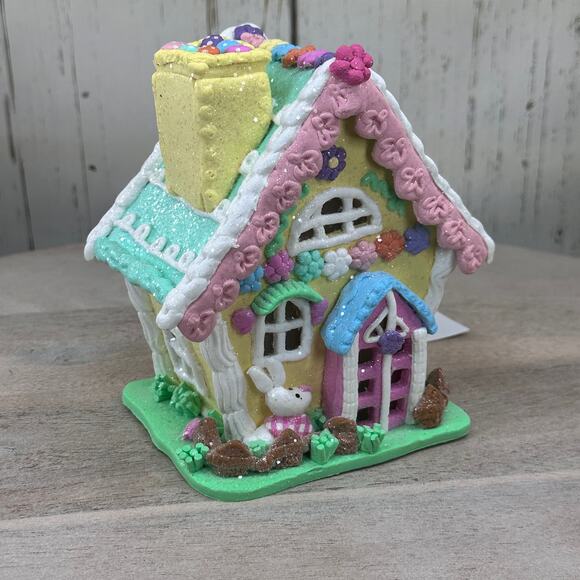 Easter Gingerbread House Tabletop Claydough LED light up Pink Green Pastel 30E36 - Picture 9 of 14